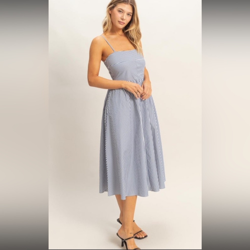 Blue Striped Spaghetti Strap Midi Dress